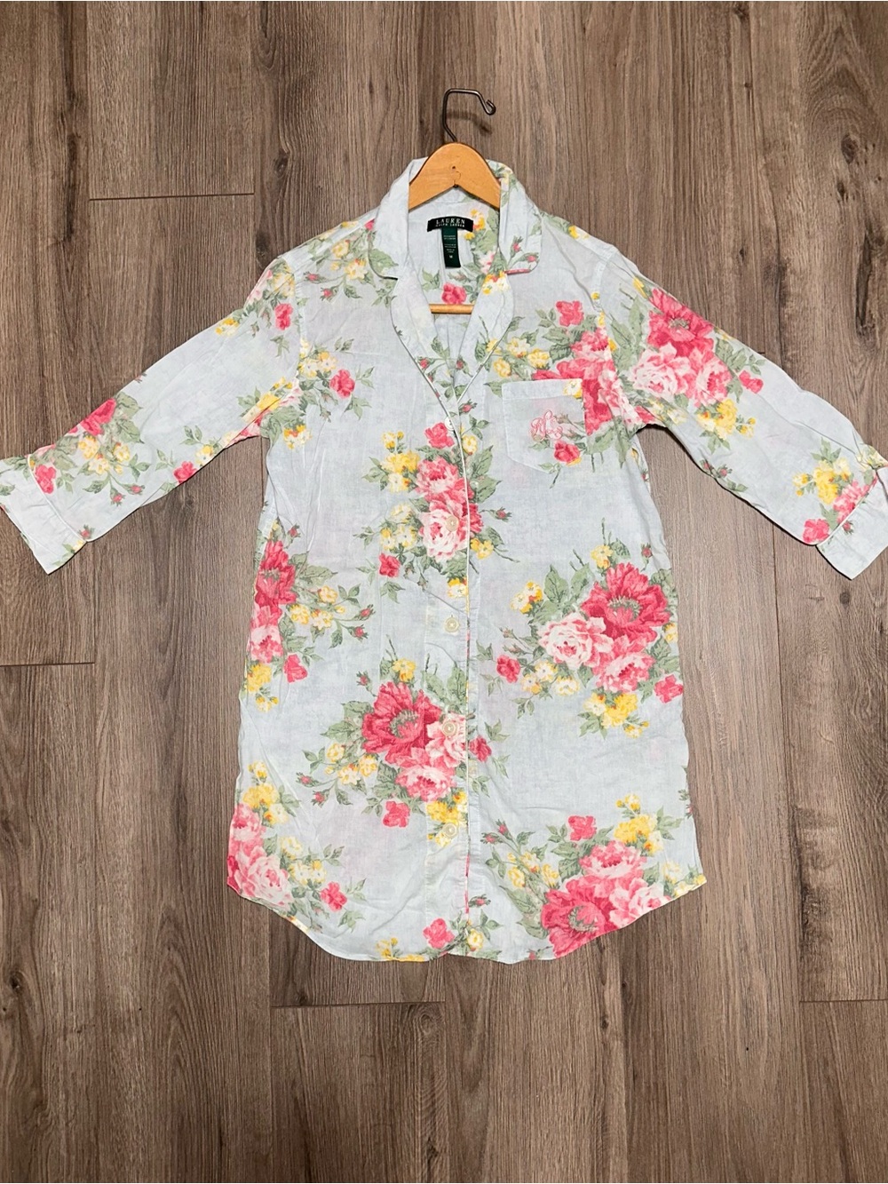 Lauren Ralph Lauren Light Blue Floral Cotton Nightshirt with Pink & Yellow Roses